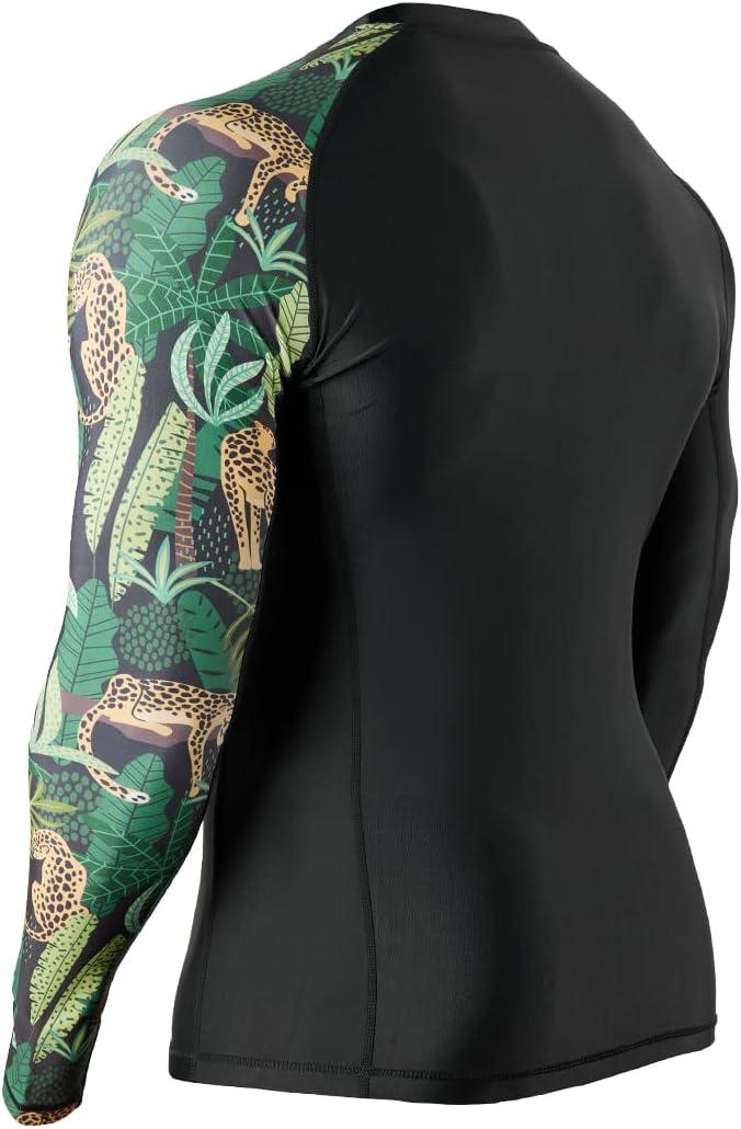 imageHUGE SPORTS Mens Rash Guard Long Sleeves UPF 50 UV Sun Protection Quick Drying Splice Compression Swim ShirtsBlack Leopard