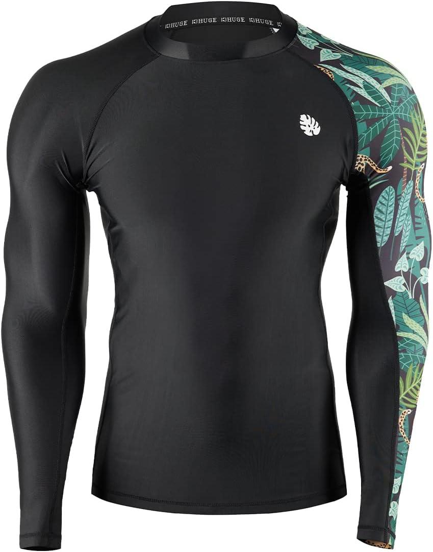 imageHUGE SPORTS Mens Rash Guard Long Sleeves UPF 50 UV Sun Protection Quick Drying Splice Compression Swim ShirtsBlack Leopard