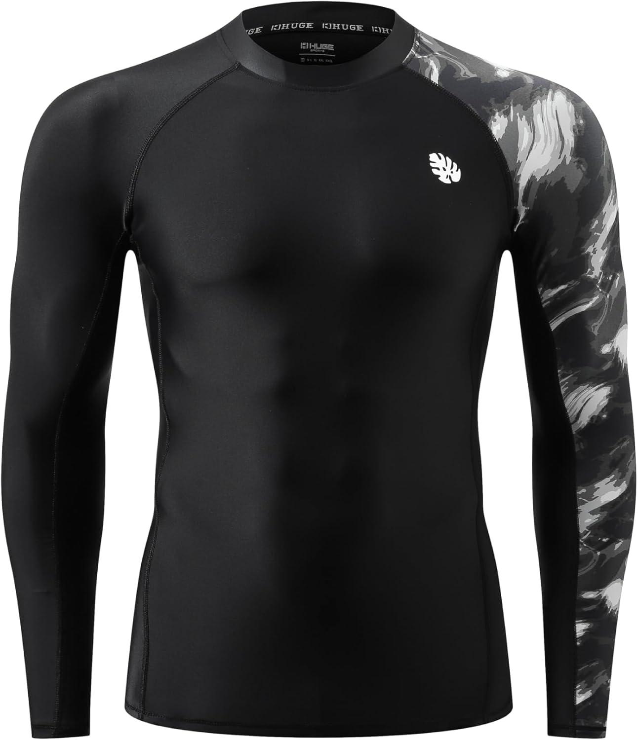 imageHUGE SPORTS Mens Rash Guard Long Sleeves UPF 50 UV Sun Protection Quick Drying Splice Compression Swim ShirtsBlack Water Wave