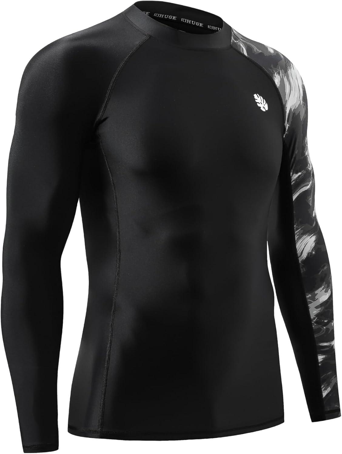 imageHUGE SPORTS Mens Rash Guard Long Sleeves UPF 50 UV Sun Protection Quick Drying Splice Compression Swim ShirtsBlack Water Wave