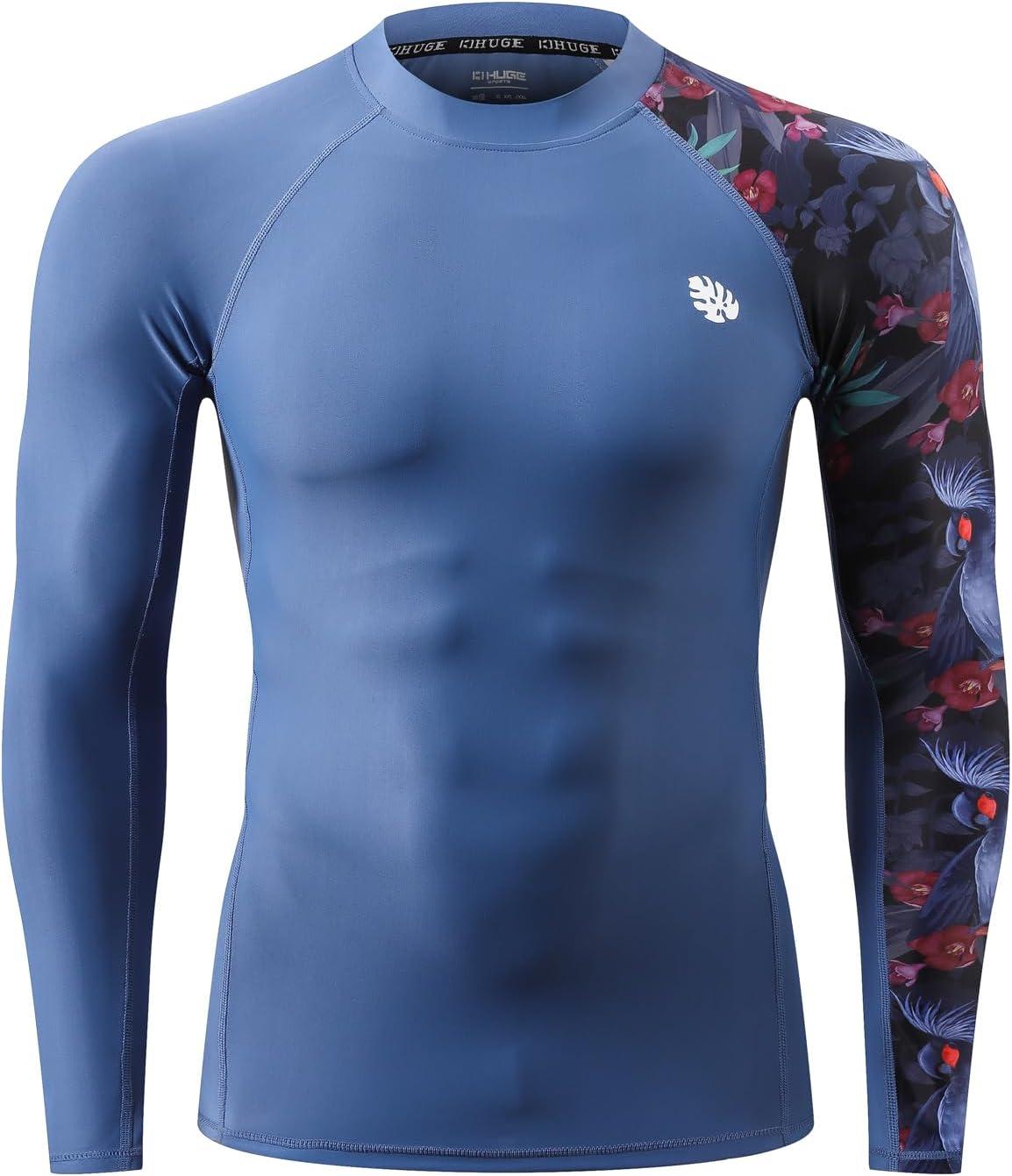 imageHUGE SPORTS Mens Rash Guard Long Sleeves UPF 50 UV Sun Protection Quick Drying Splice Compression Swim ShirtsBlue Bird