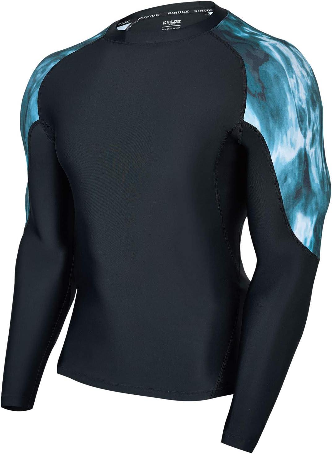 imageHUGE SPORTS Mens Rash Guard Long Sleeves UPF 50 UV Sun Protection Quick Drying Splice Compression Swim ShirtsDeep Ocean