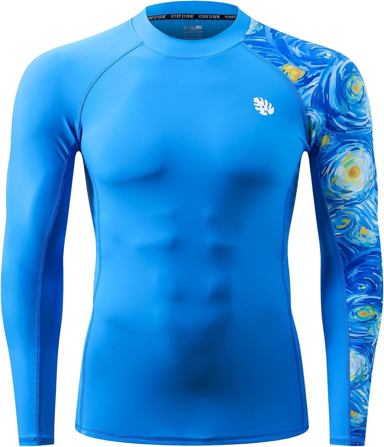 imageHUGE SPORTS Mens Rash Guard Long Sleeves UPF 50 UV Sun Protection Quick Drying Splice Compression Swim ShirtsPalace Blue