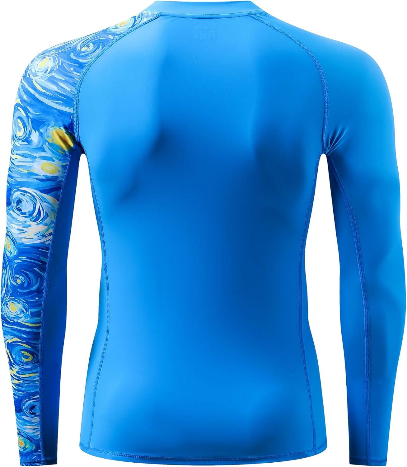 imageHUGE SPORTS Mens Rash Guard Long Sleeves UPF 50 UV Sun Protection Quick Drying Splice Compression Swim ShirtsPalace Blue
