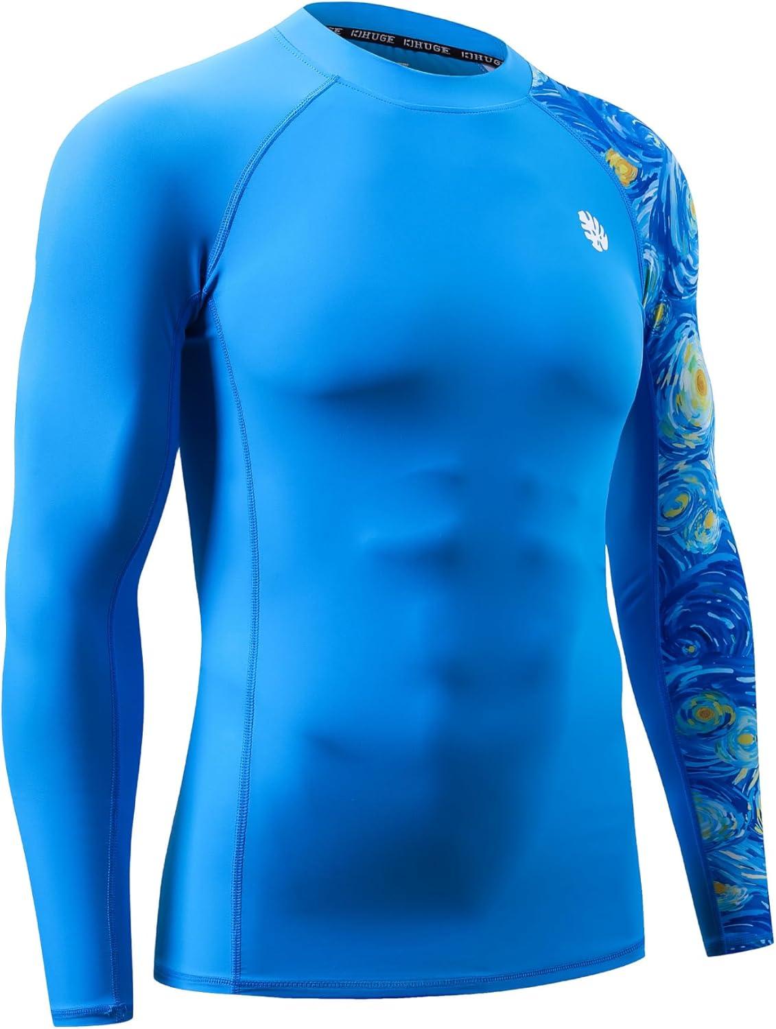 imageHUGE SPORTS Mens Rash Guard Long Sleeves UPF 50 UV Sun Protection Quick Drying Splice Compression Swim ShirtsPalace Blue