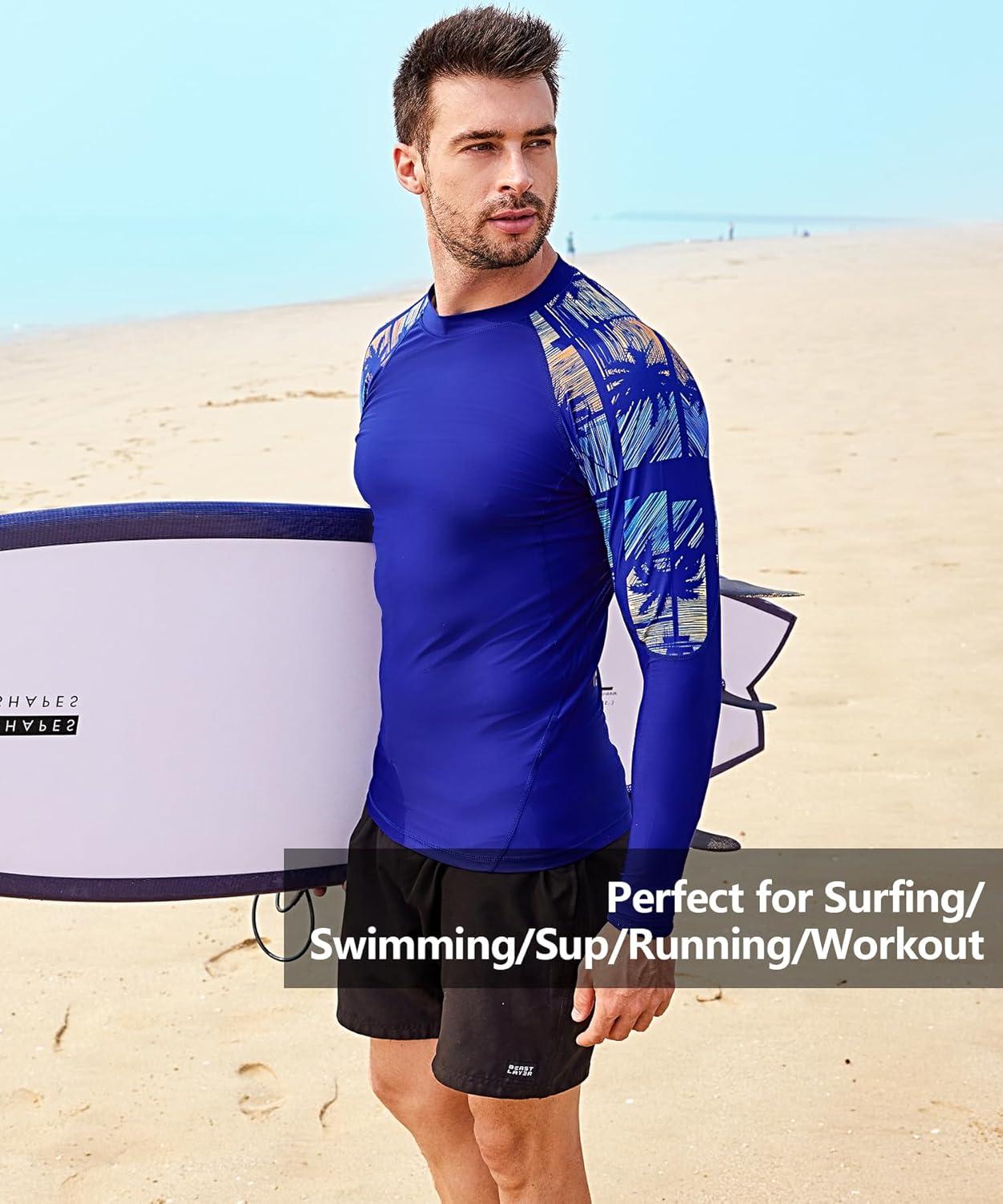 imageHUGE SPORTS Mens Rash Guard Long Sleeves UPF 50 UV Sun Protection Quick Drying Splice Compression Swim ShirtsTropical Style