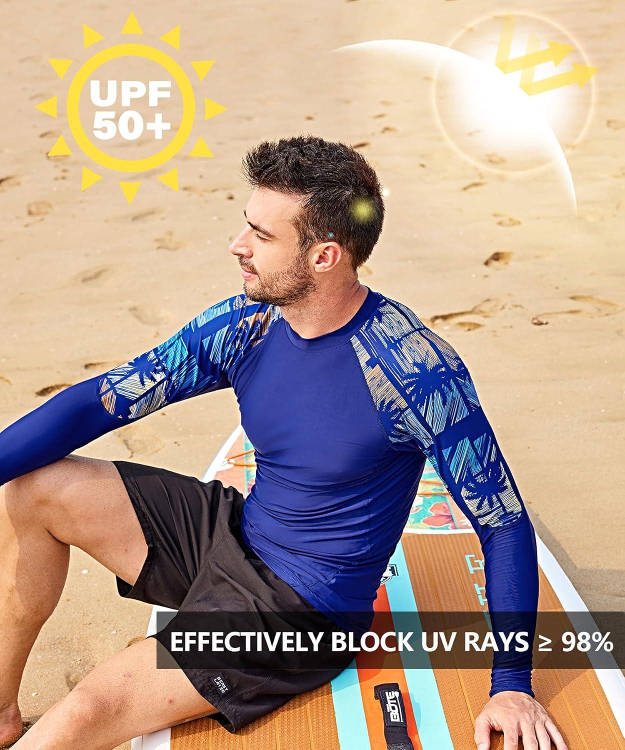 imageHUGE SPORTS Mens Rash Guard Long Sleeves UPF 50 UV Sun Protection Quick Drying Splice Compression Swim ShirtsTropical Style