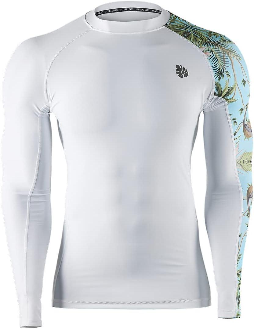 imageHUGE SPORTS Mens Rash Guard Long Sleeves UPF 50 UV Sun Protection Quick Drying Splice Compression Swim ShirtsWhite Forest