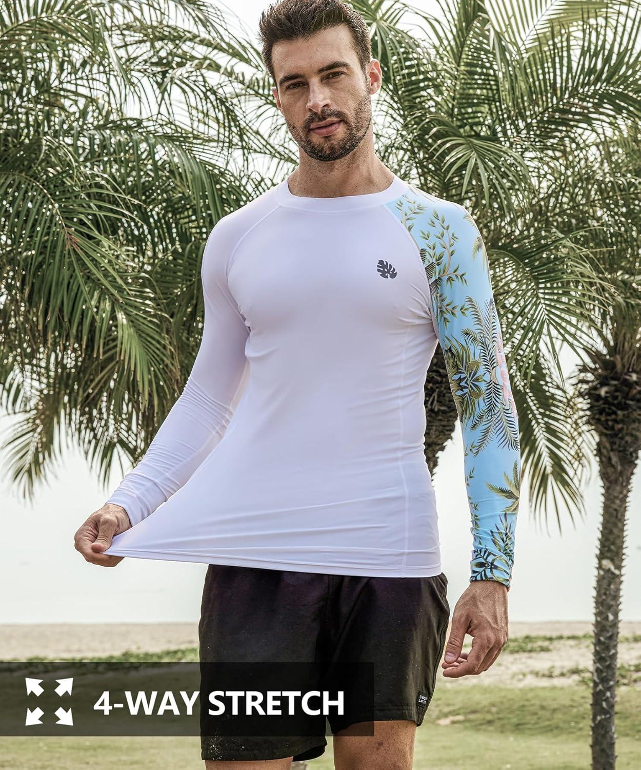 imageHUGE SPORTS Mens Rash Guard Long Sleeves UPF 50 UV Sun Protection Quick Drying Splice Compression Swim ShirtsWhite Forest