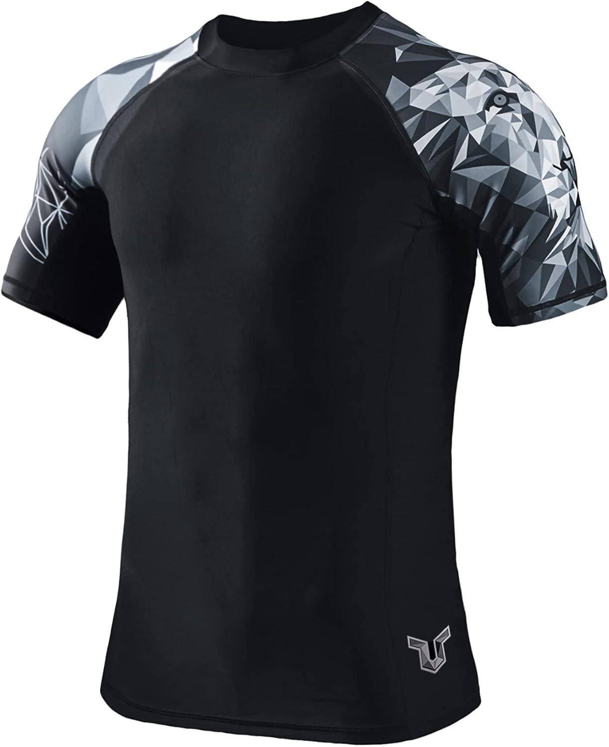 imageHUGE SPORTS Mens Splice UV Sun Protection UPF 50 Skins Rash Guard Short SleevesBlack