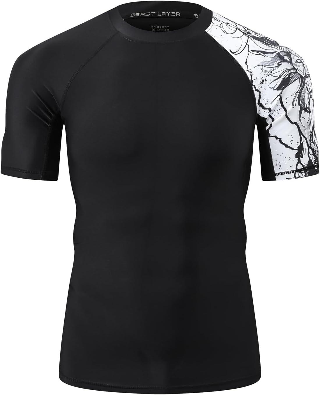 imageHUGE SPORTS Mens Splice UV Sun Protection UPF 50 Skins Rash Guard Short SleevesBlack Lion