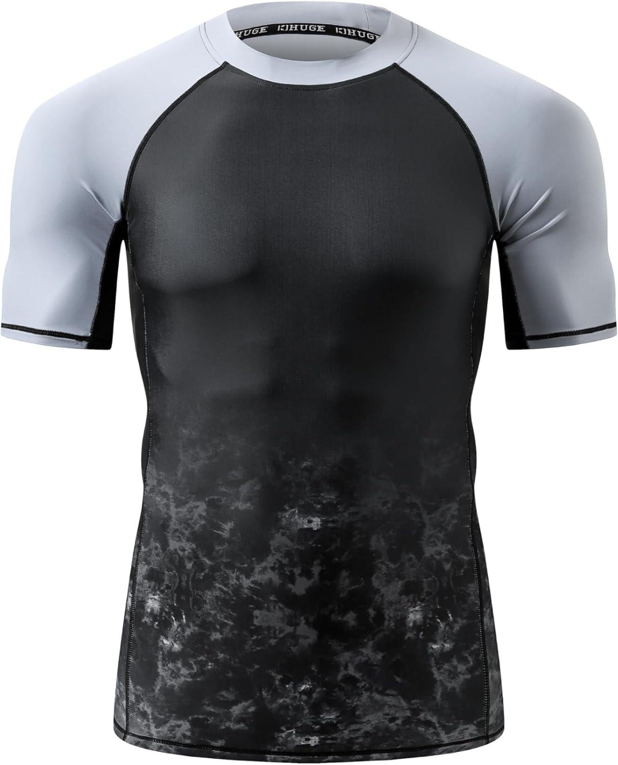 imageHUGE SPORTS Mens Splice UV Sun Protection UPF 50 Skins Rash Guard Short SleevesBlack Ripple