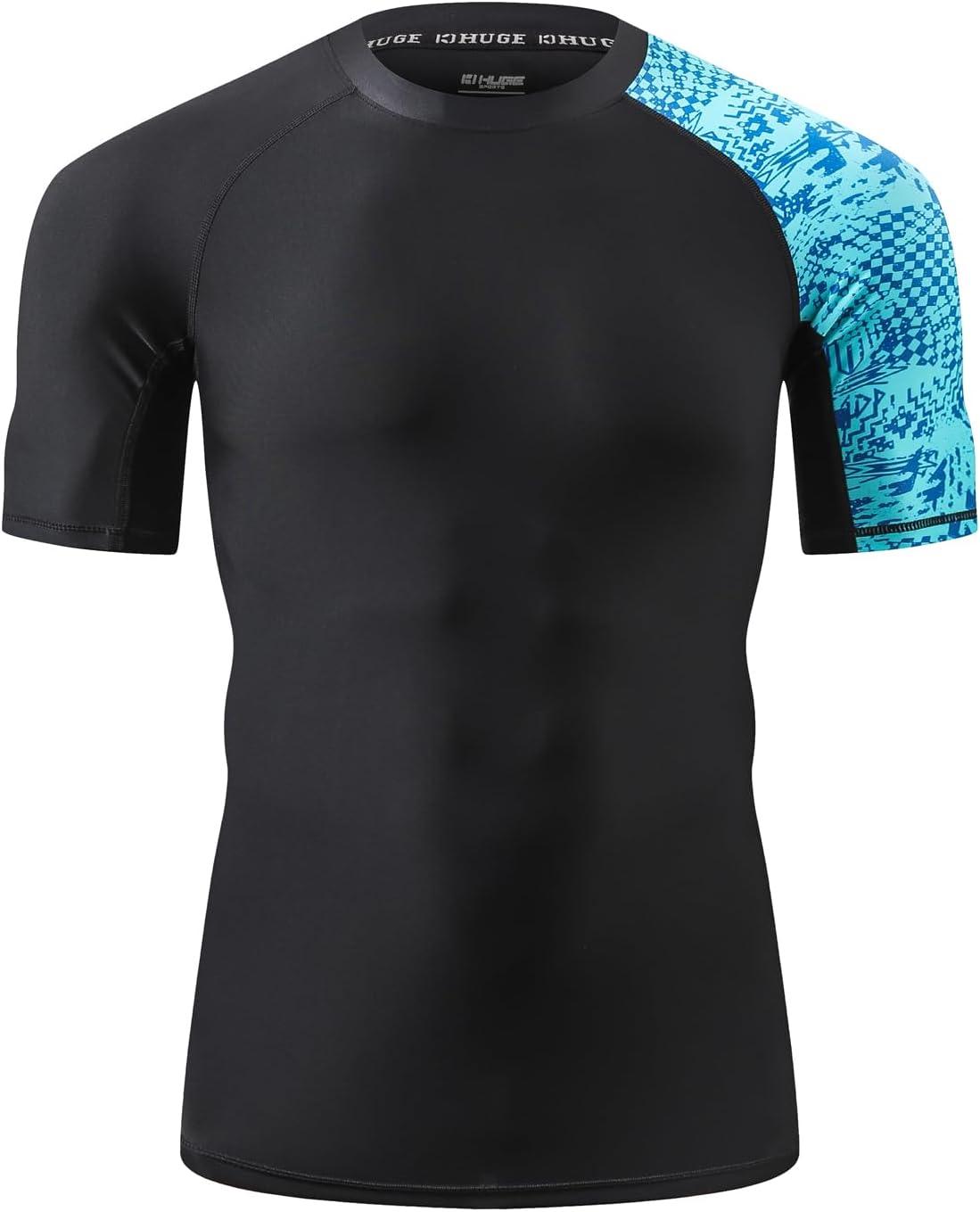 imageHUGE SPORTS Mens Splice UV Sun Protection UPF 50 Skins Rash Guard Short SleevesBlue Pictogram