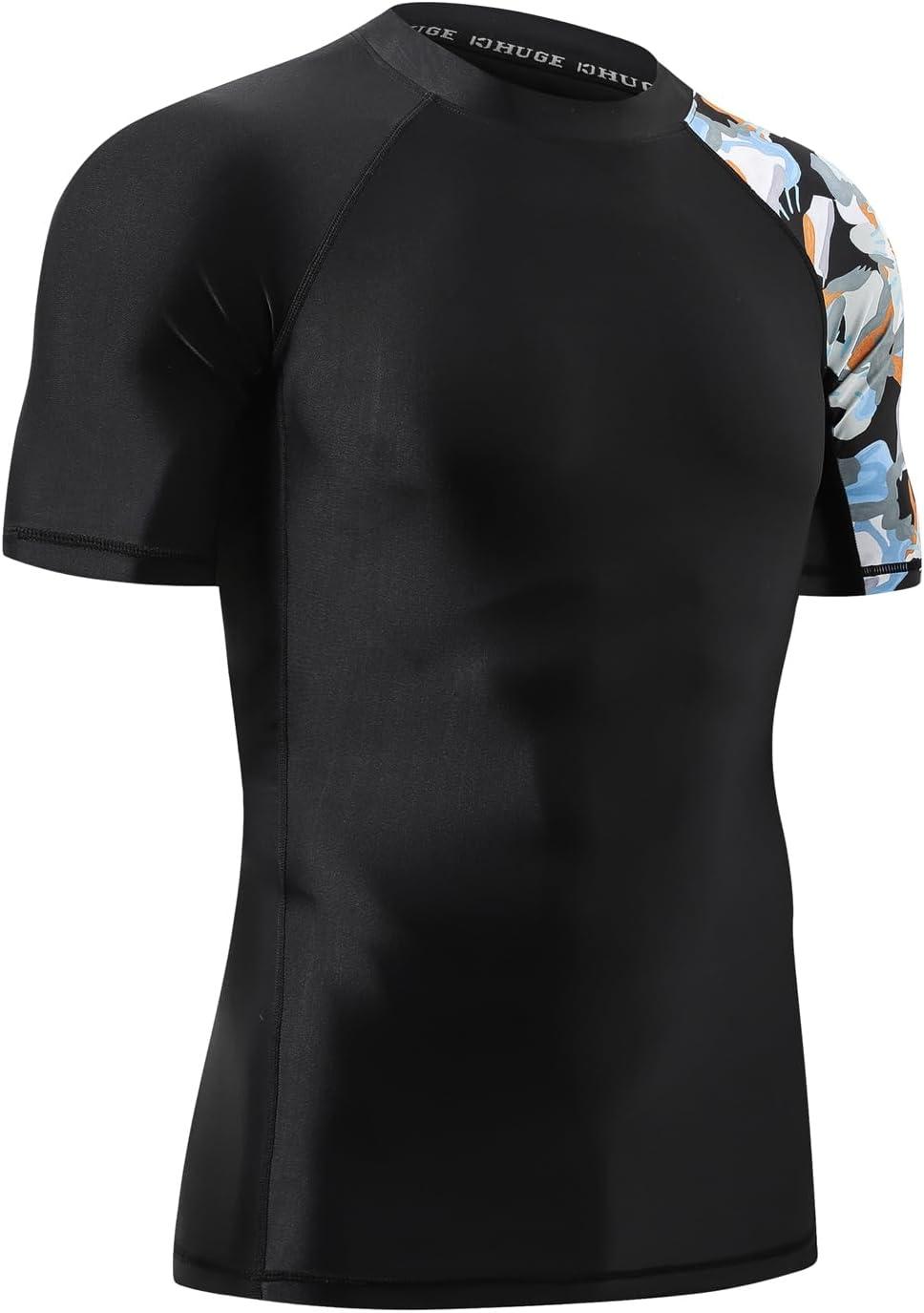 imageHUGE SPORTS Mens Splice UV Sun Protection UPF 50 Skins Rash Guard Short SleevesCamo Black
