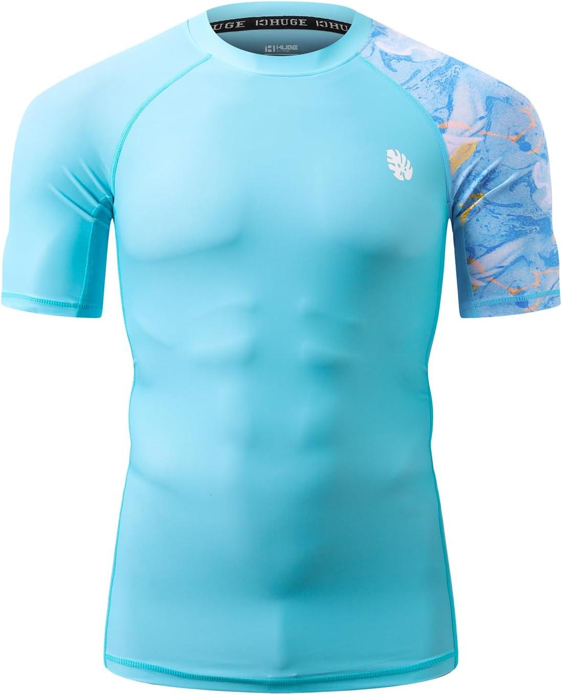 imageHUGE SPORTS Mens Splice UV Sun Protection UPF 50 Skins Rash Guard Short SleevesCloud Blue