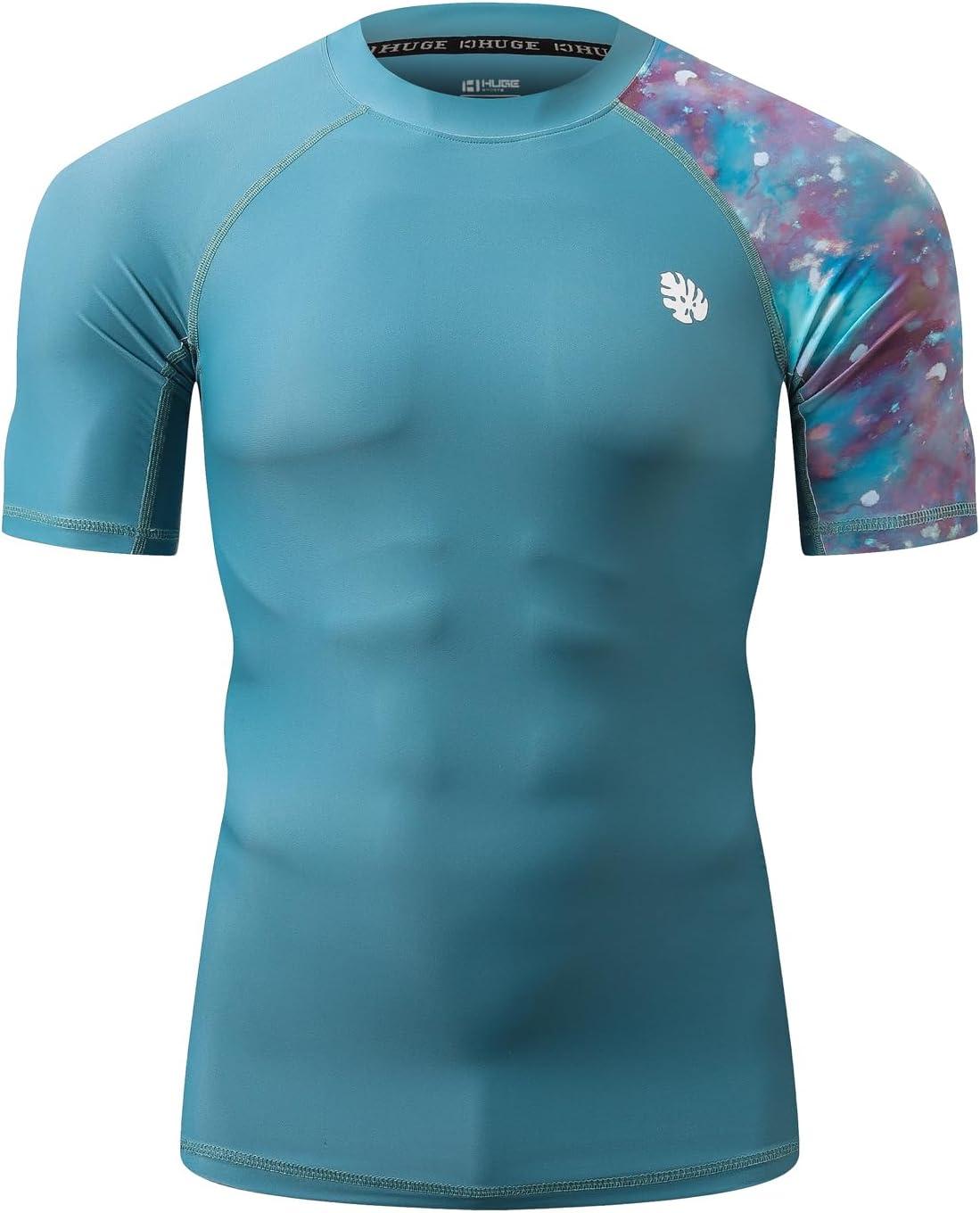 imageHUGE SPORTS Mens Splice UV Sun Protection UPF 50 Skins Rash Guard Short SleevesDream Blue