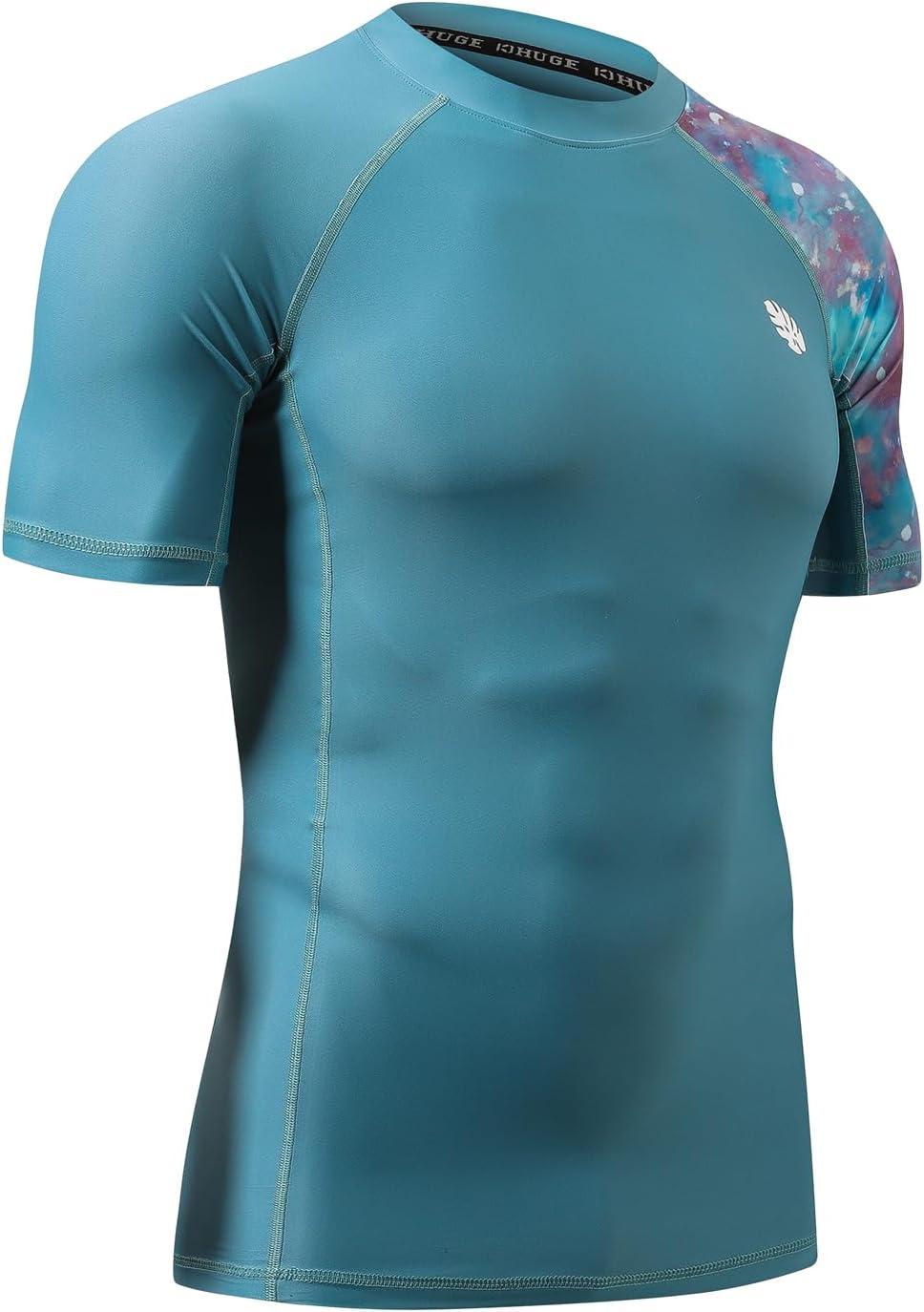 imageHUGE SPORTS Mens Splice UV Sun Protection UPF 50 Skins Rash Guard Short SleevesDream Blue