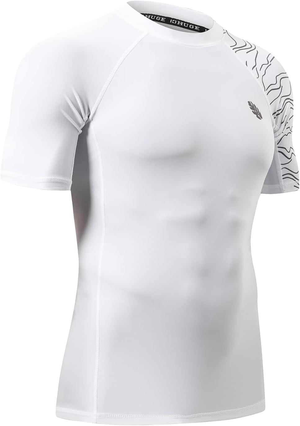 imageHUGE SPORTS Mens Splice UV Sun Protection UPF 50 Skins Rash Guard Short SleevesLines White
