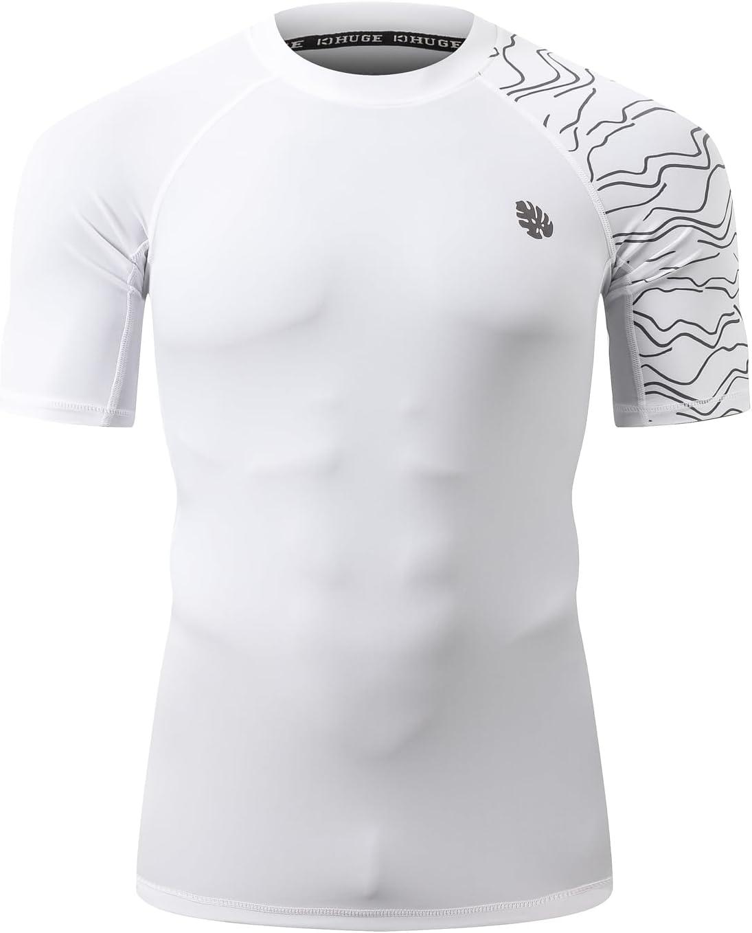 imageHUGE SPORTS Mens Splice UV Sun Protection UPF 50 Skins Rash Guard Short SleevesLines White