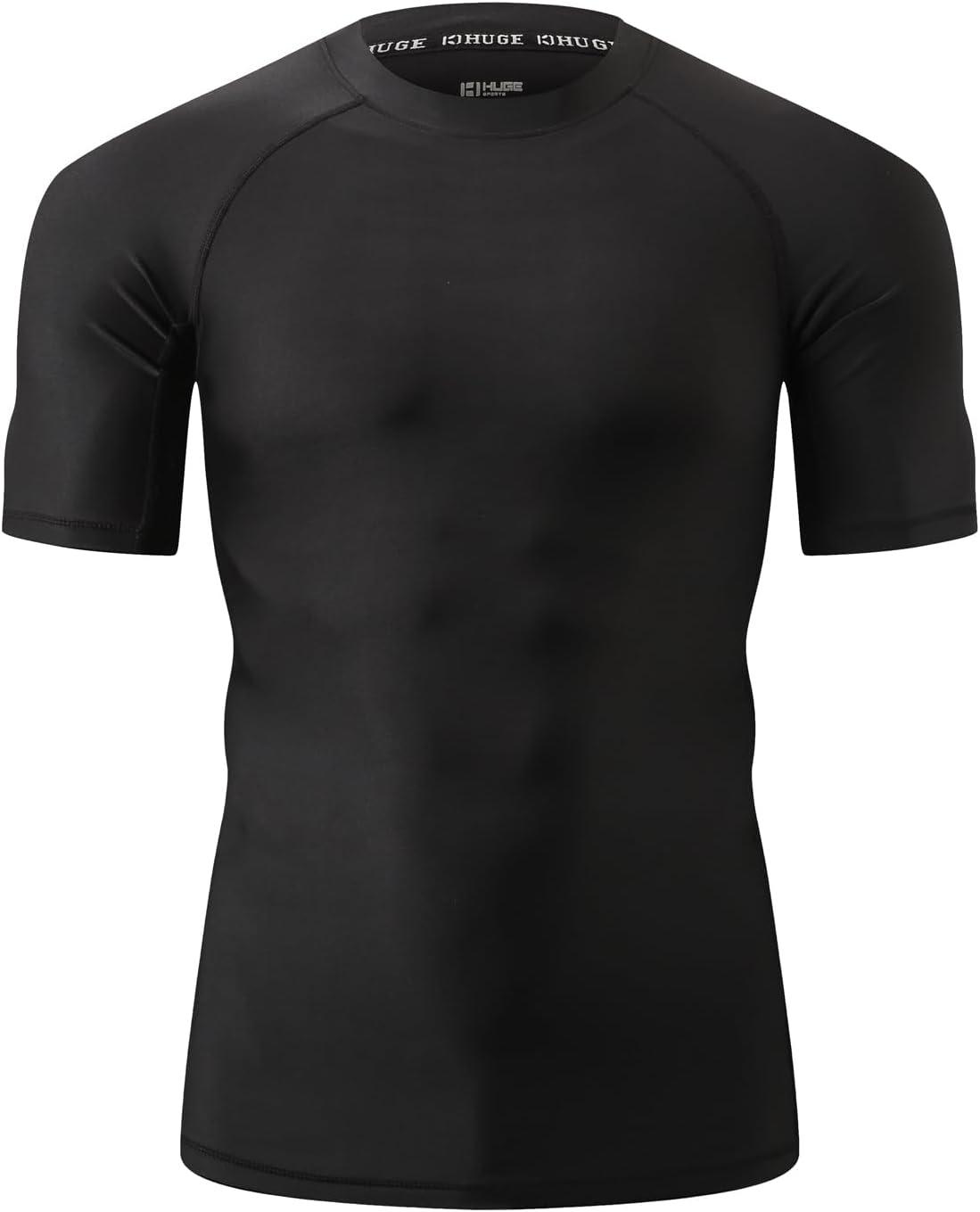 imageHUGE SPORTS Mens Splice UV Sun Protection UPF 50 Skins Rash Guard Short SleevesLogo Black