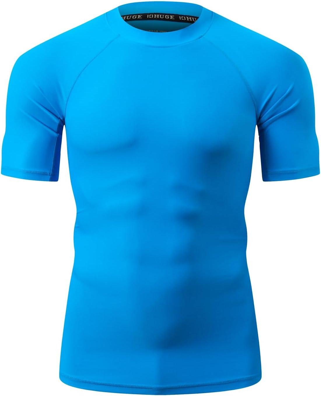 imageHUGE SPORTS Mens Splice UV Sun Protection UPF 50 Skins Rash Guard Short SleevesLogo Blue