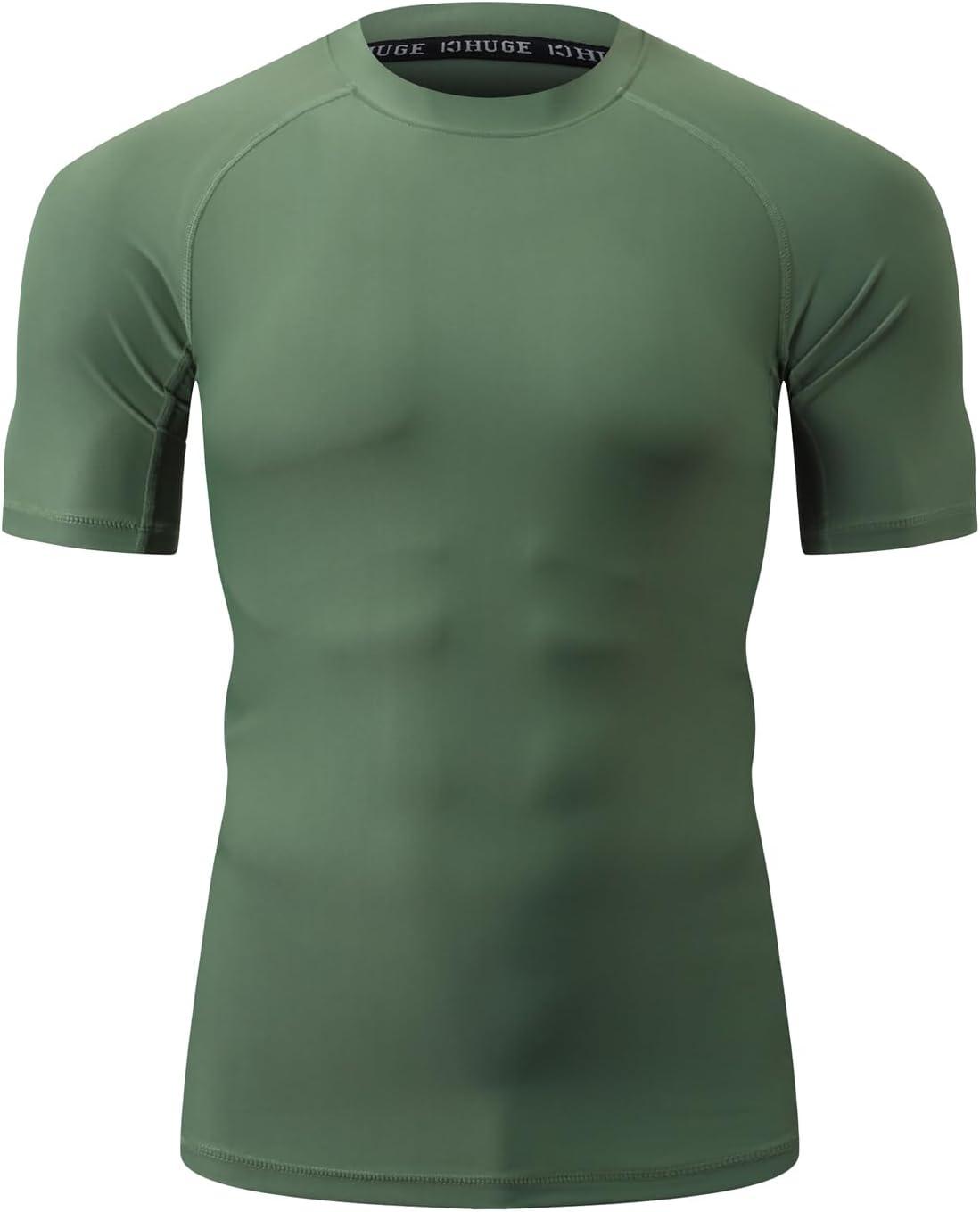 imageHUGE SPORTS Mens Splice UV Sun Protection UPF 50 Skins Rash Guard Short SleevesLogo Green