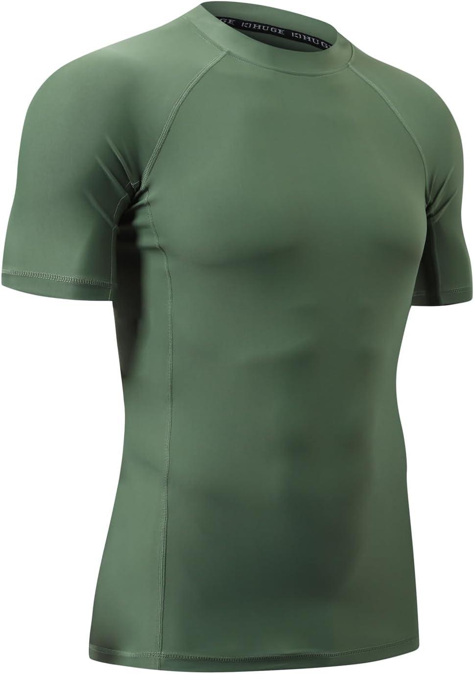 imageHUGE SPORTS Mens Splice UV Sun Protection UPF 50 Skins Rash Guard Short SleevesLogo Green