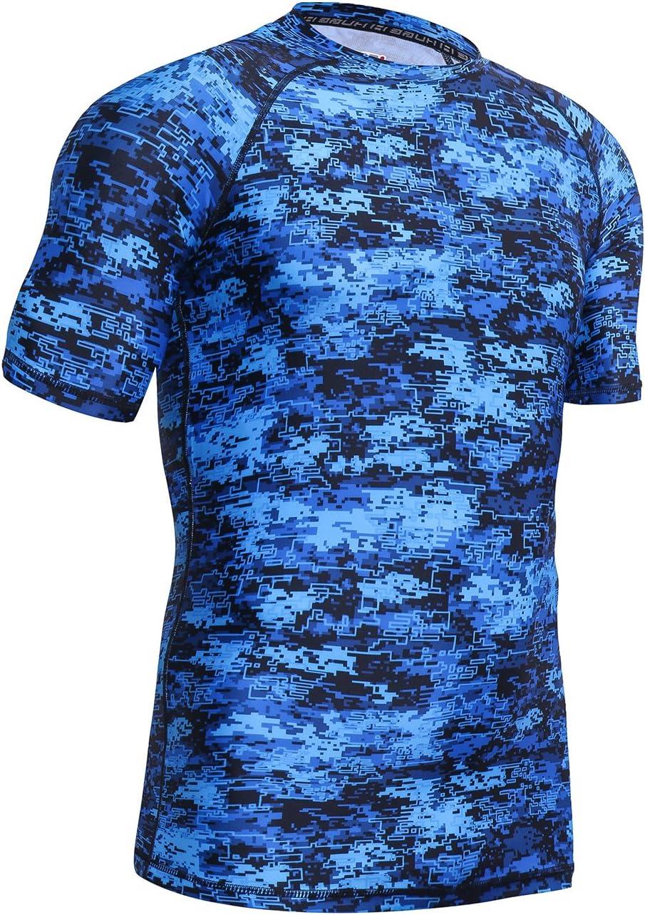 imageHUGE SPORTS Mens Splice UV Sun Protection UPF 50 Skins Rash Guard Short SleevesPixel Blue