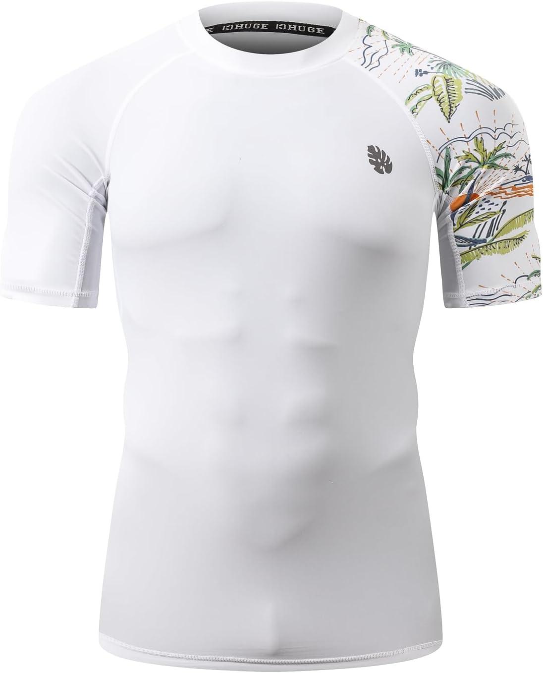 imageHUGE SPORTS Mens Splice UV Sun Protection UPF 50 Skins Rash Guard Short SleevesSunset White