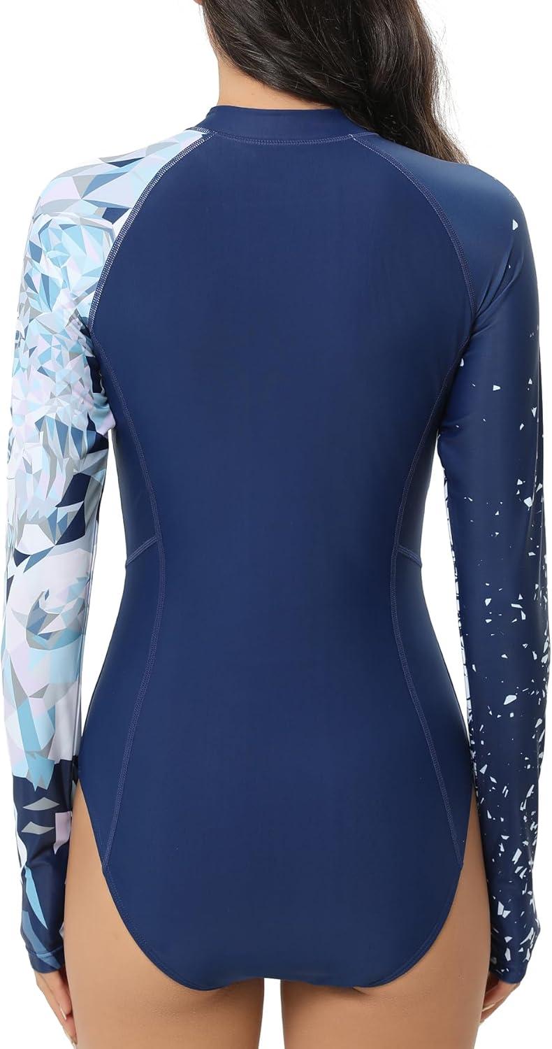 imageHUGE SPORTS Womens One Piece Swimsuits Long Sleeve Rash Guard Shirts Swim Bathing Suit with PaddingNavy Wolf