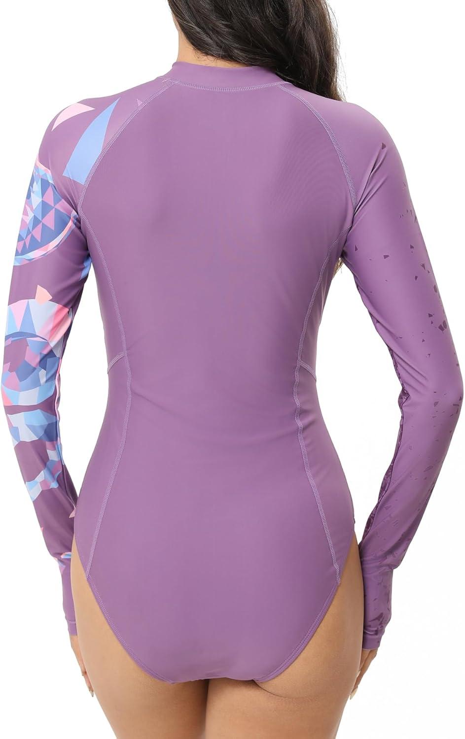 imageHUGE SPORTS Womens One Piece Swimsuits Long Sleeve Rash Guard Shirts Swim Bathing Suit with PaddingPurple Cobra