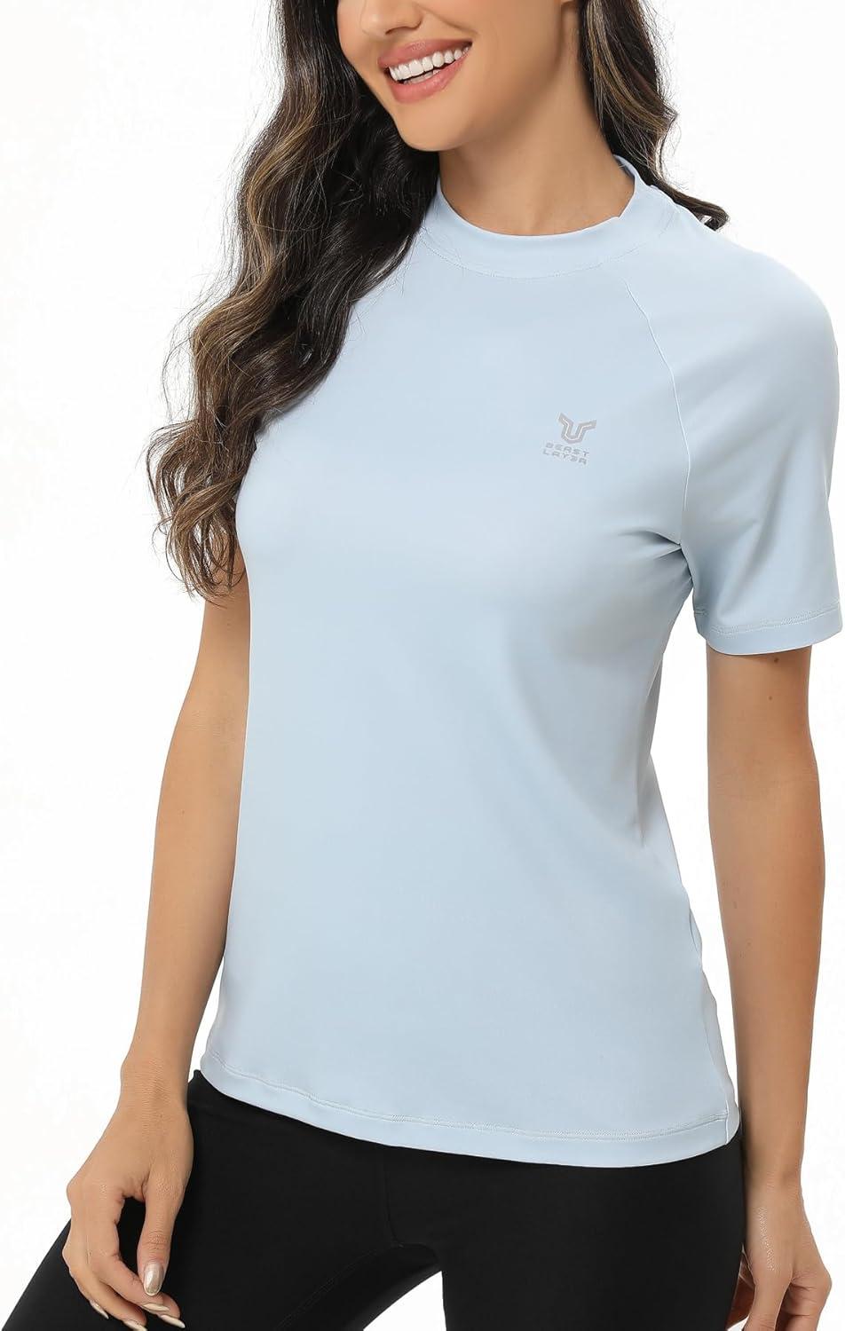 imageHUGE SPORTS Womens UPF 50 UV Protection Sun Shirts Short Sleeve Quick Dry Rash Guard Swim Gym Workout TopsLight Blue