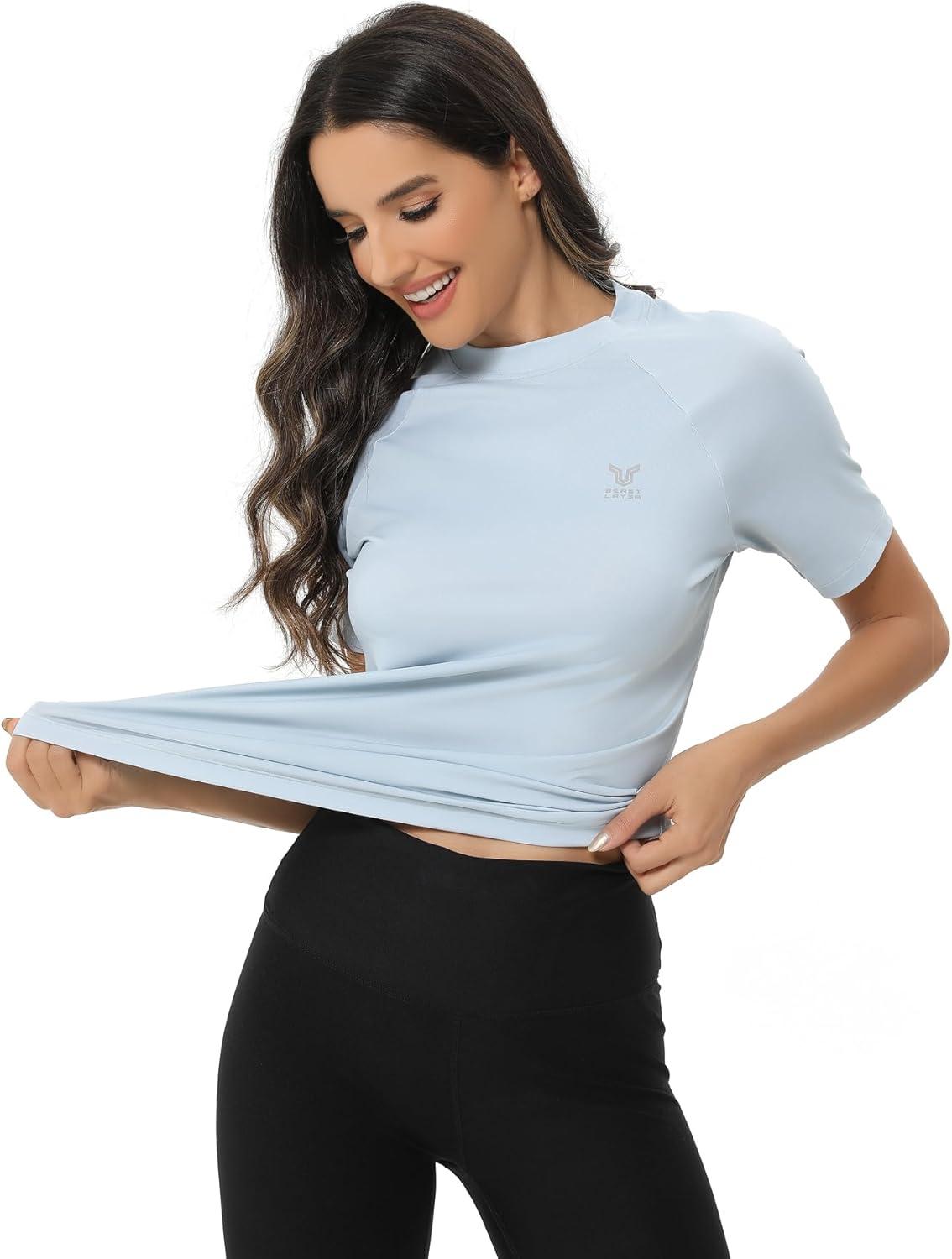 imageHUGE SPORTS Womens UPF 50 UV Protection Sun Shirts Short Sleeve Quick Dry Rash Guard Swim Gym Workout TopsLight Blue