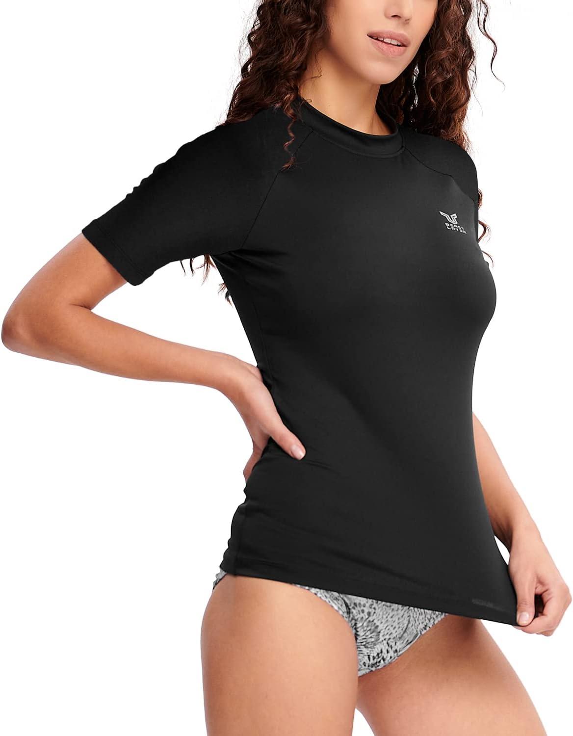imageHUGE SPORTS Womens UPF 50 UV Protection Sun Shirts Short Sleeve Quick Dry Rash Guard Swim Gym Workout TopsPure Black
