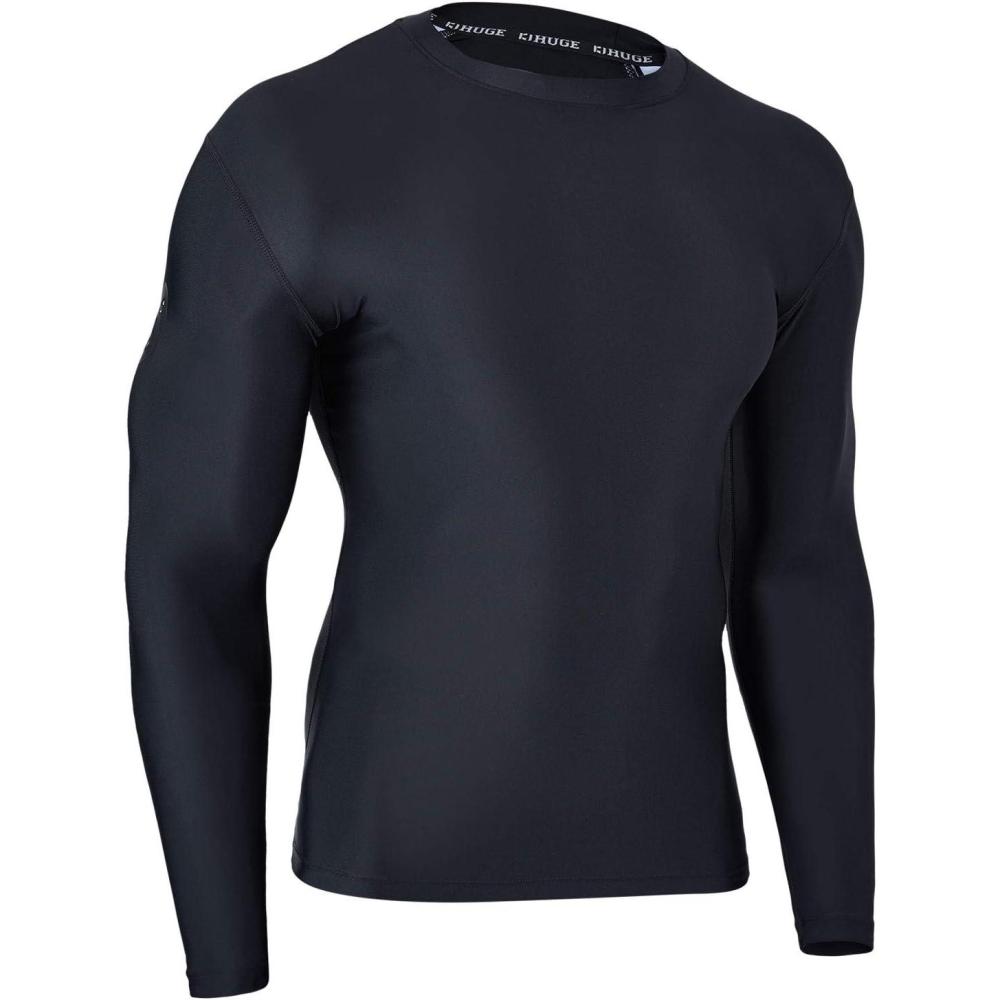 imageHUGE SPORTS Mens Rash Guard Long Sleeves UPF 50 UV Sun Protection Quick Drying Splice Compression Swim ShirtsBlack