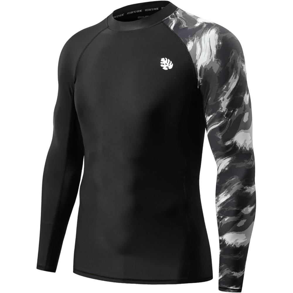 imageHUGE SPORTS Mens Rash Guard Long Sleeves UPF 50 UV Sun Protection Quick Drying Splice Compression Swim ShirtsBlack Water Wave