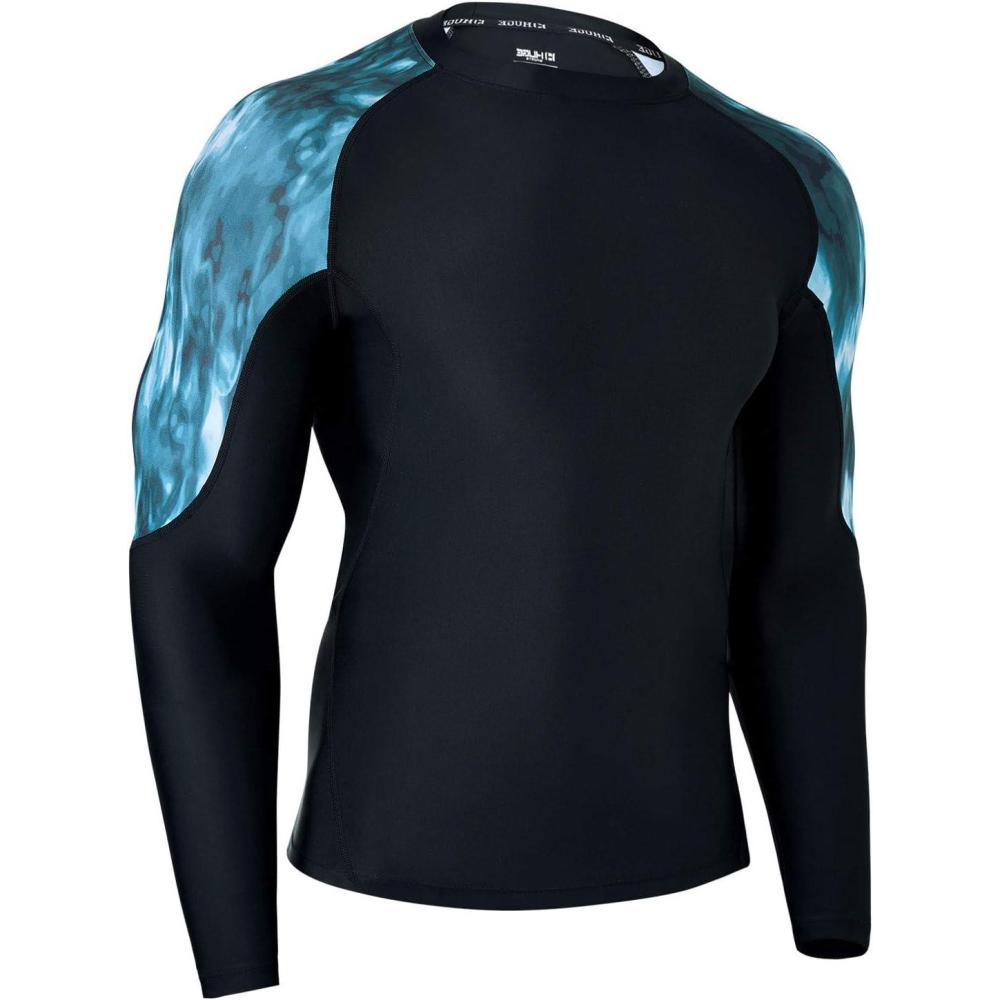 imageHUGE SPORTS Mens Rash Guard Long Sleeves UPF 50 UV Sun Protection Quick Drying Splice Compression Swim ShirtsDeep Ocean