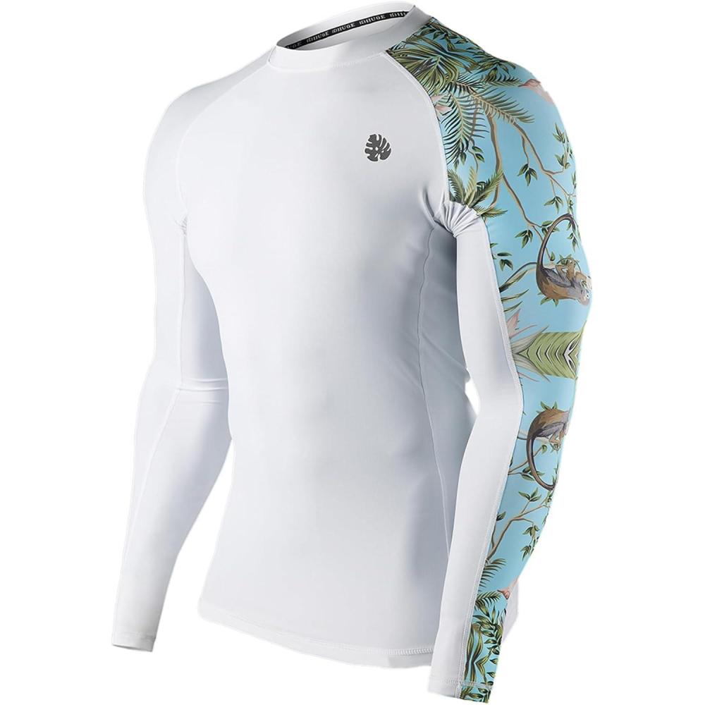 imageHUGE SPORTS Mens Rash Guard Long Sleeves UPF 50 UV Sun Protection Quick Drying Splice Compression Swim ShirtsWhite Forest