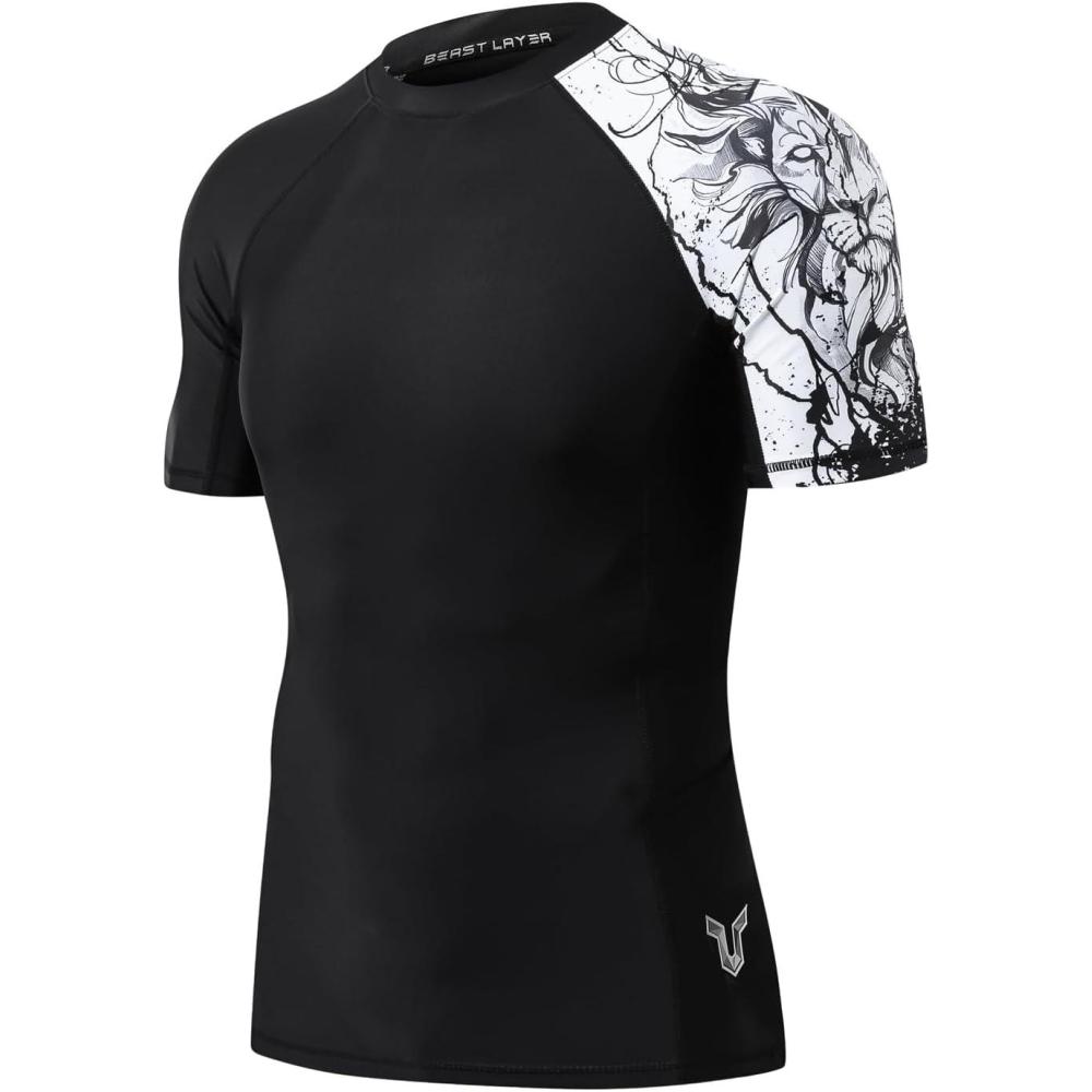 imageHUGE SPORTS Mens Splice UV Sun Protection UPF 50 Skins Rash Guard Short SleevesBlack Lion