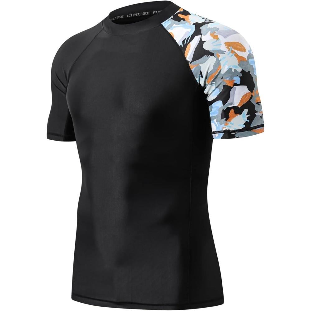 imageHUGE SPORTS Mens Splice UV Sun Protection UPF 50 Skins Rash Guard Short SleevesCamo Black
