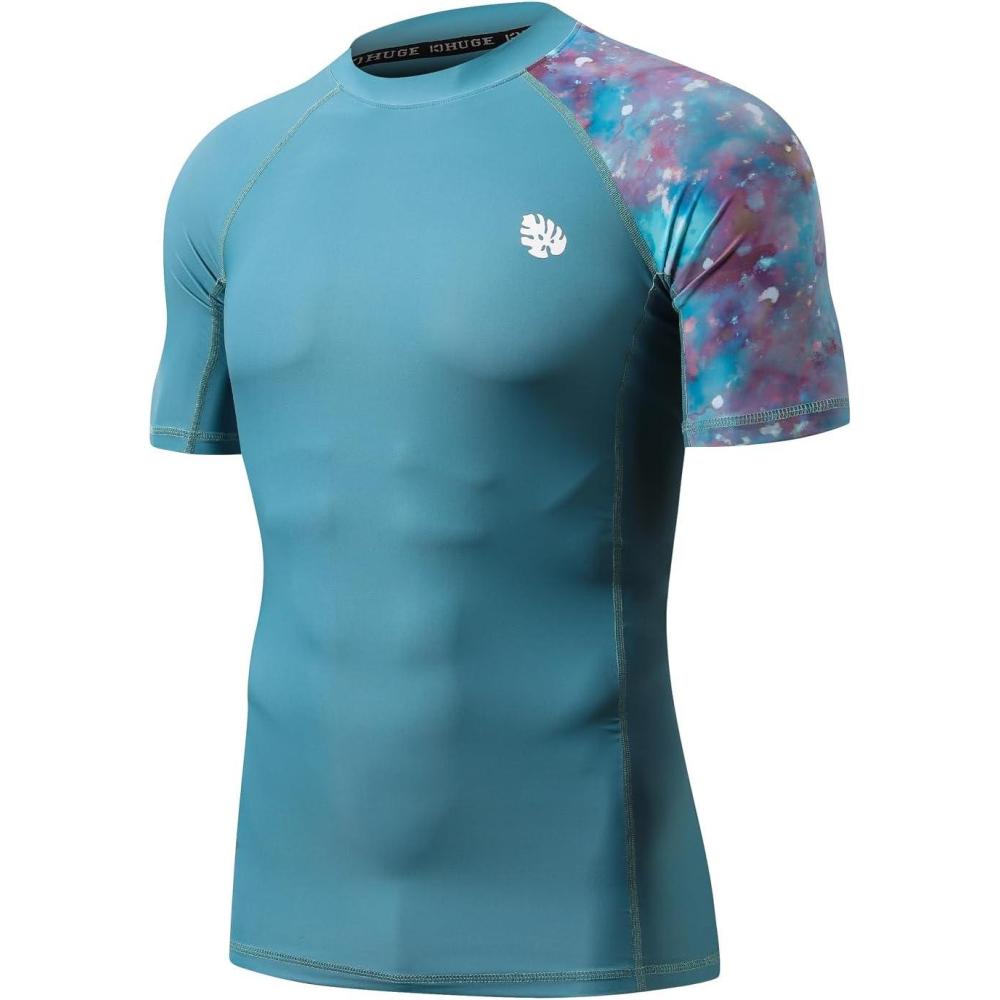 imageHUGE SPORTS Mens Splice UV Sun Protection UPF 50 Skins Rash Guard Short SleevesDream Blue