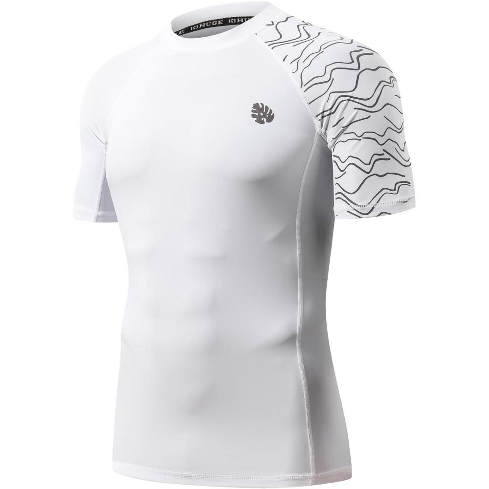 imageHUGE SPORTS Mens Splice UV Sun Protection UPF 50 Skins Rash Guard Short SleevesLines White