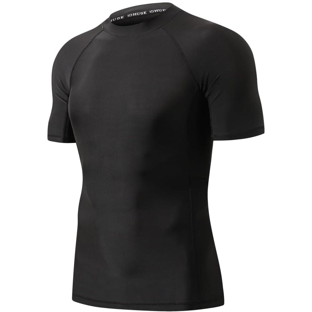 imageHUGE SPORTS Mens Splice UV Sun Protection UPF 50 Skins Rash Guard Short SleevesLogo Black
