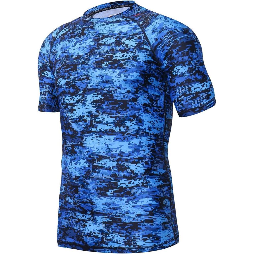 imageHUGE SPORTS Mens Splice UV Sun Protection UPF 50 Skins Rash Guard Short SleevesPixel Blue