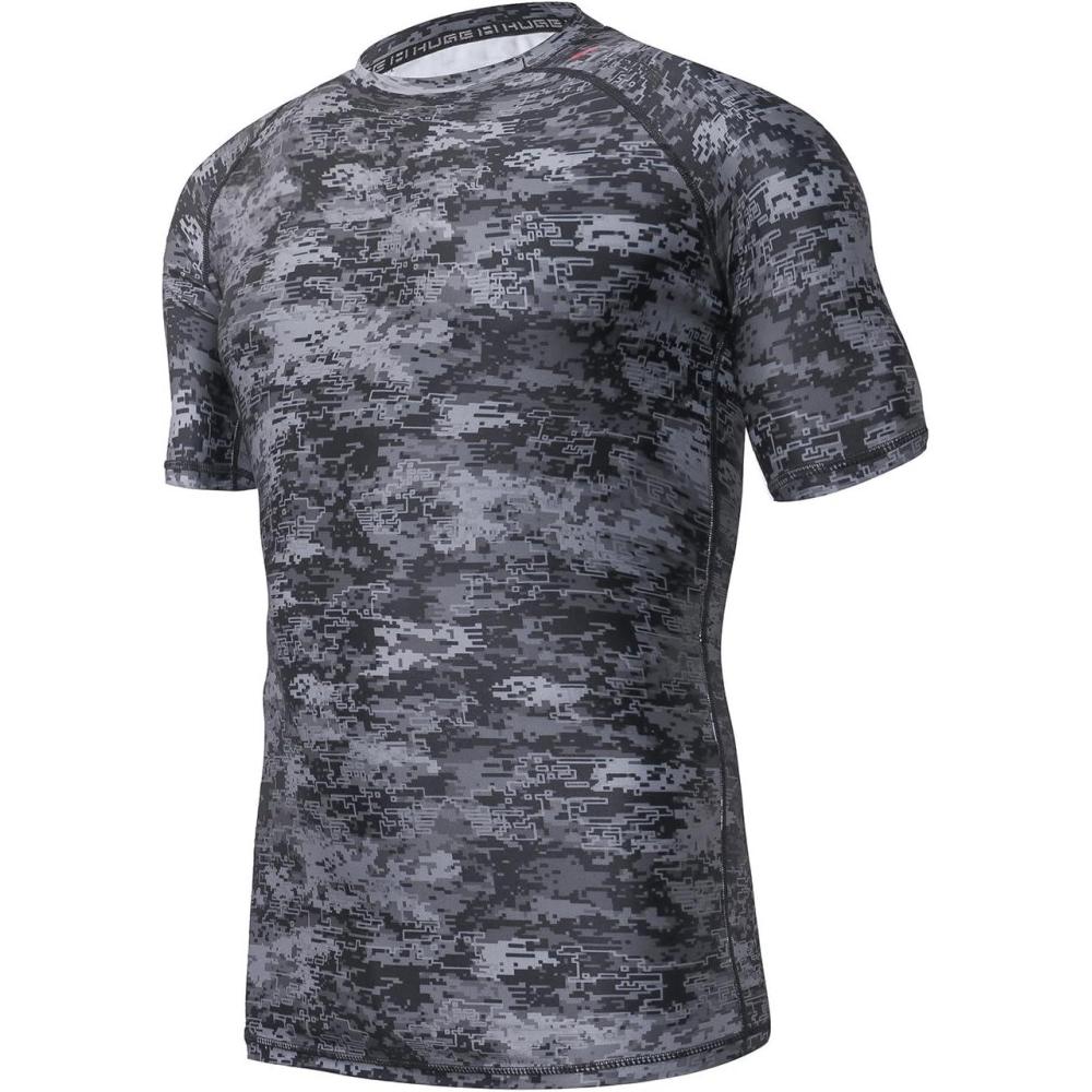imageHUGE SPORTS Mens Splice UV Sun Protection UPF 50 Skins Rash Guard Short SleevesPixel Dark