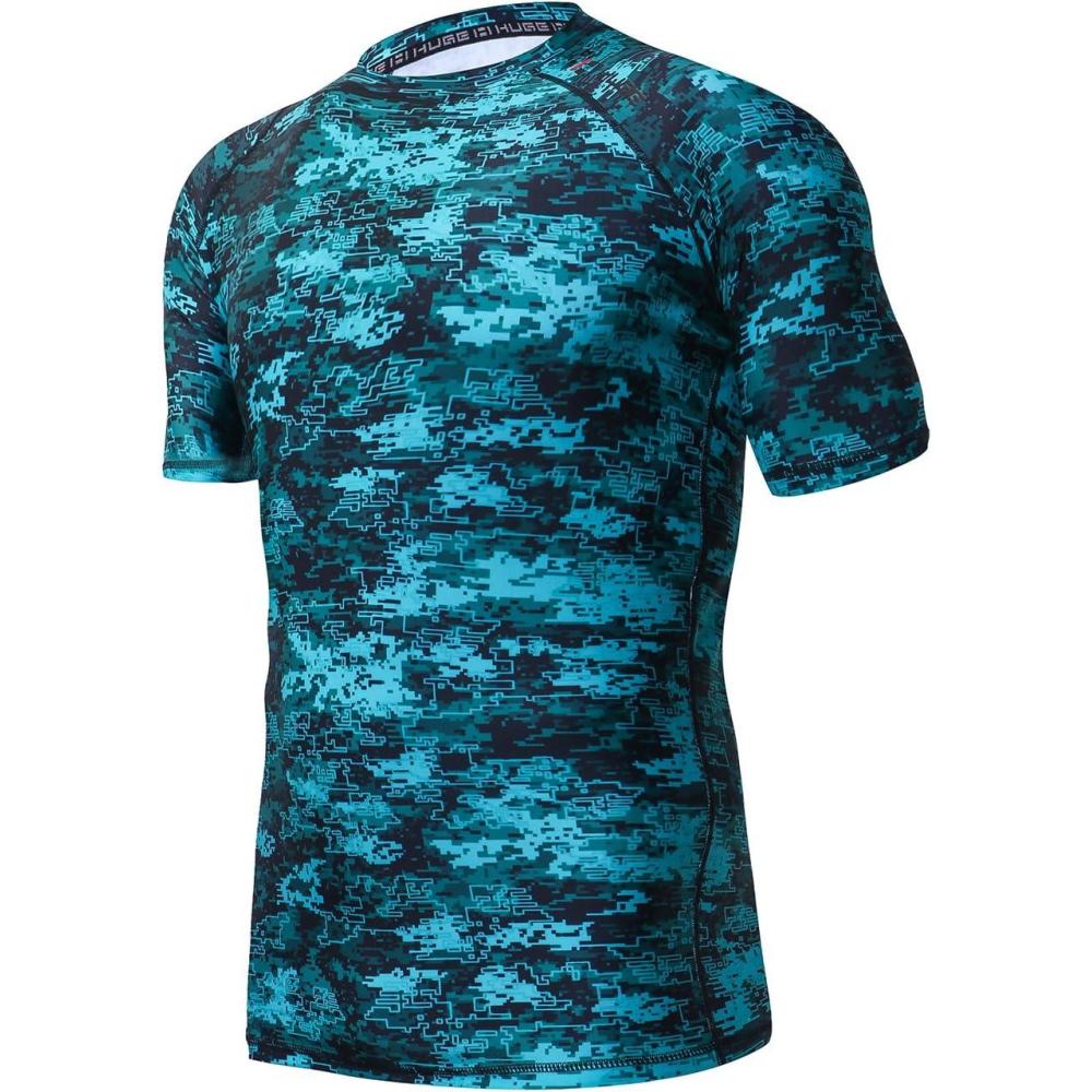 imageHUGE SPORTS Mens Splice UV Sun Protection UPF 50 Skins Rash Guard Short SleevesPixel Green