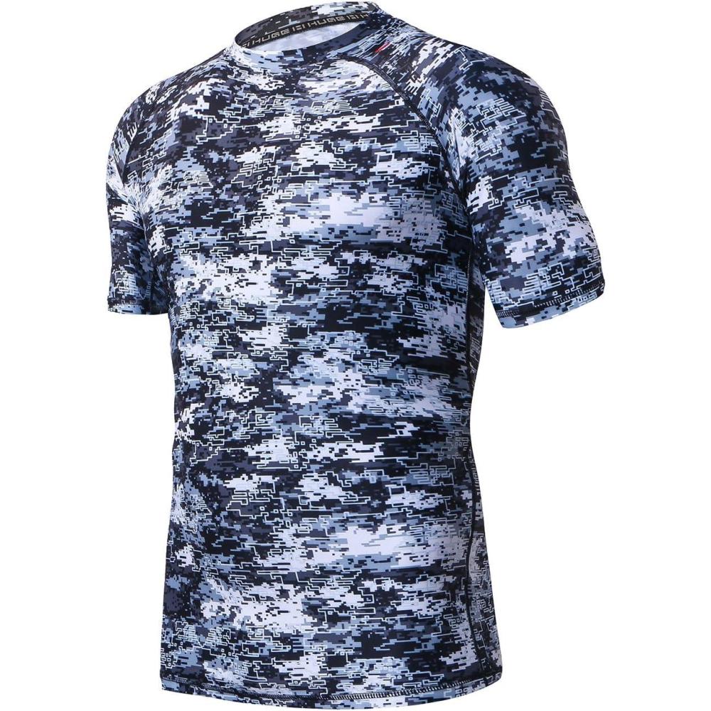 imageHUGE SPORTS Mens Splice UV Sun Protection UPF 50 Skins Rash Guard Short SleevesPixel Light