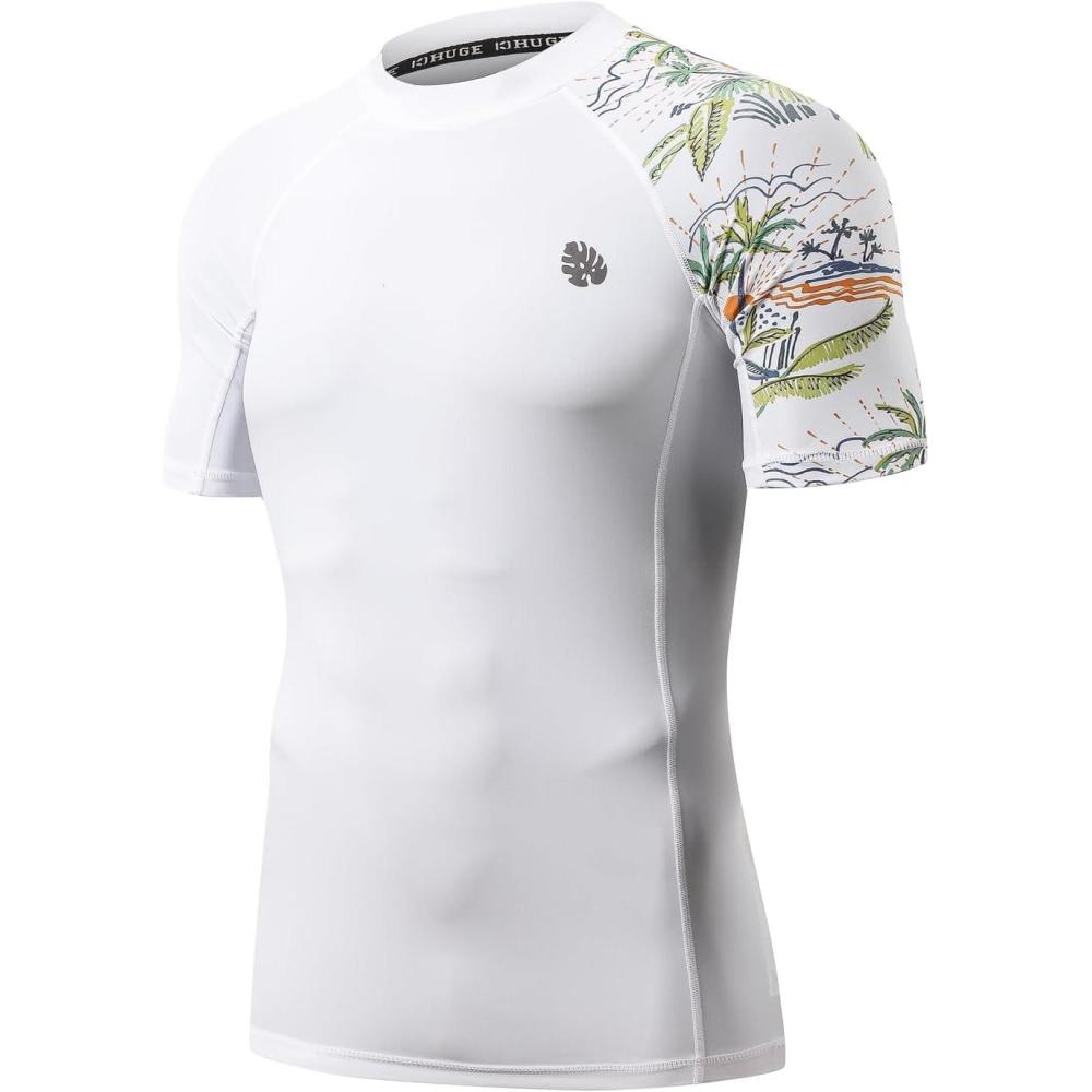 imageHUGE SPORTS Mens Splice UV Sun Protection UPF 50 Skins Rash Guard Short SleevesSunset White