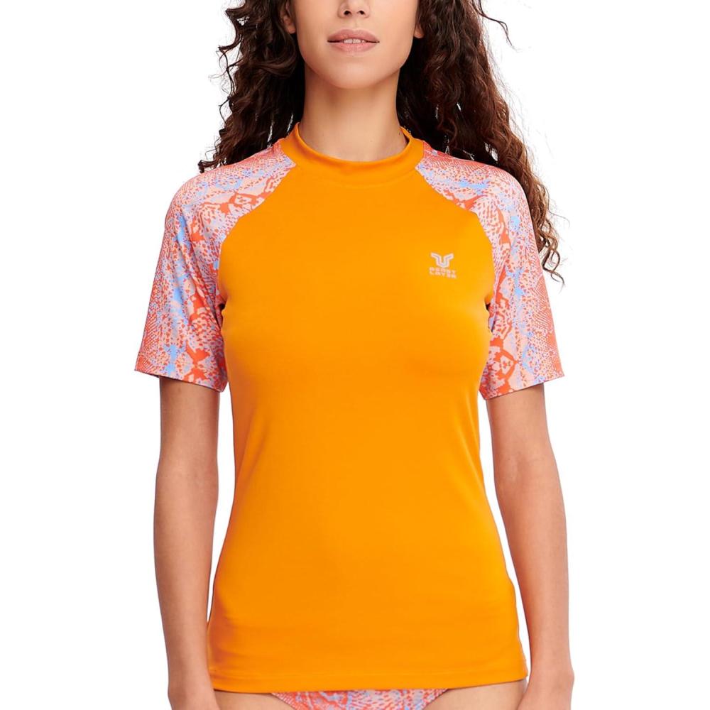 imageHUGE SPORTS Womens UPF 50 UV Protection Sun Shirts Short Sleeve Quick Dry Rash Guard Swim Gym Workout TopsOrange