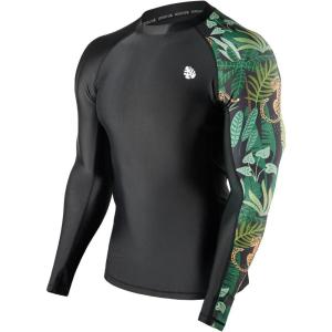 imageHUGE SPORTS Mens Rash Guard Long Sleeves UPF 50 UV Sun Protection Quick Drying Splice Compression Swim ShirtsBlack Leopard